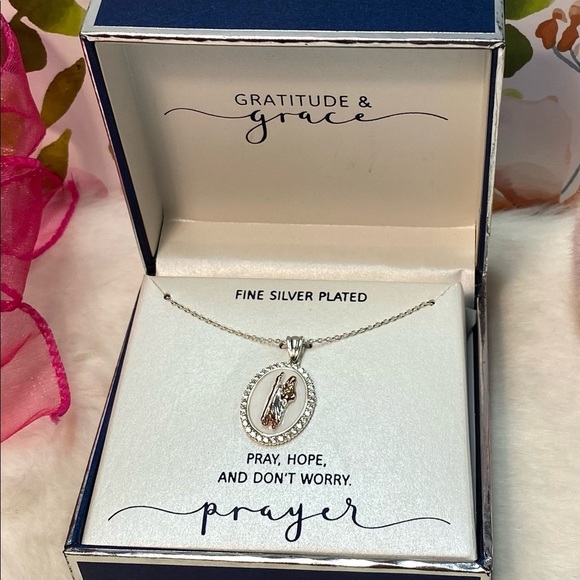 NWT GRATITUDE & GRACE SAINT PENDANT NECKLACE IN TWO TONE FINE SILVER /ROSE GOLD - Picture 3 of 8